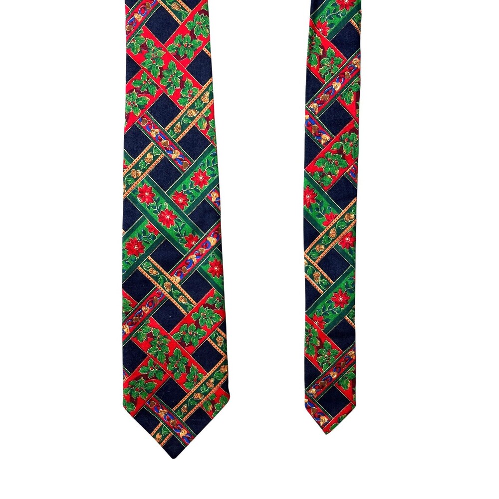 Vintage Tie One On KB Bates Men's Christmas Poinsettia Print Hand Made Necktie